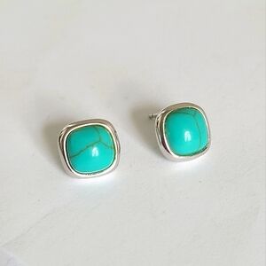 Vintage Boho Sterling Silver Turquoise Square Chunky Halo Stud Earrings
